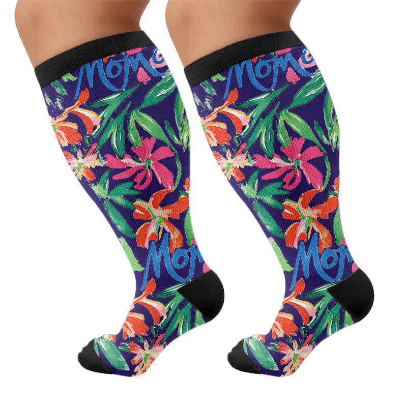 Plusock Plus Size Floral Letters Compression Socks - Black(1 Pair) - 4XL - image 8
