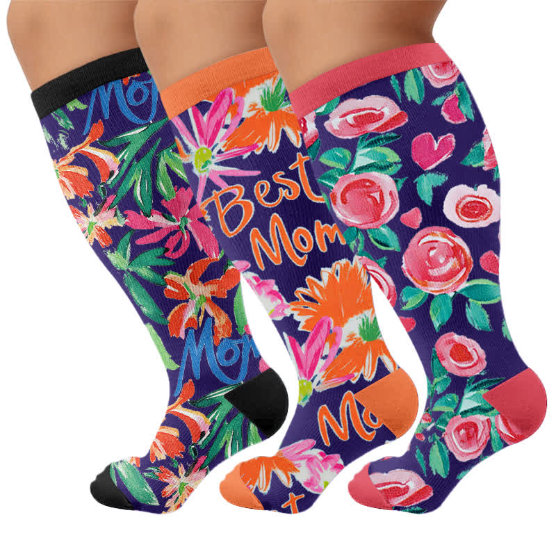 Plusock Plus Size Floral Letters Compression Socks - Multicolor(3 Pairs) - 4XL - image 4