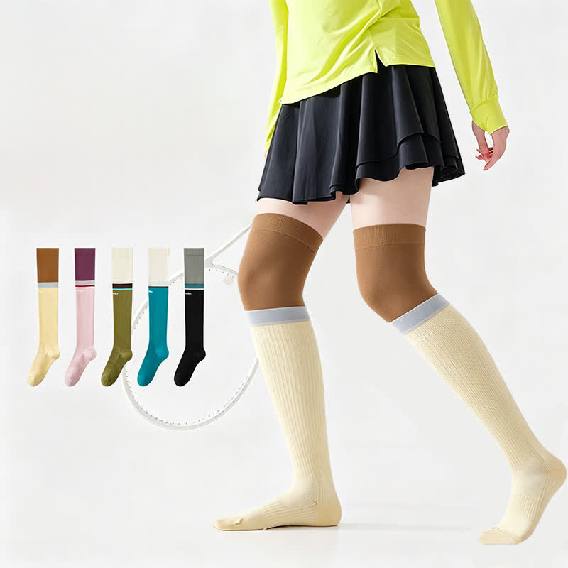 Plusock Plus Size Colorblock Ribbed Thigh High Compression Socks - Brown - EU35-40(US2-7) - image 1