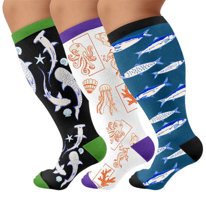 Plusock Plus Size Ocean Cartoon Compression Socks - Multicolor(3 Pairs) - 4XL - image 4
