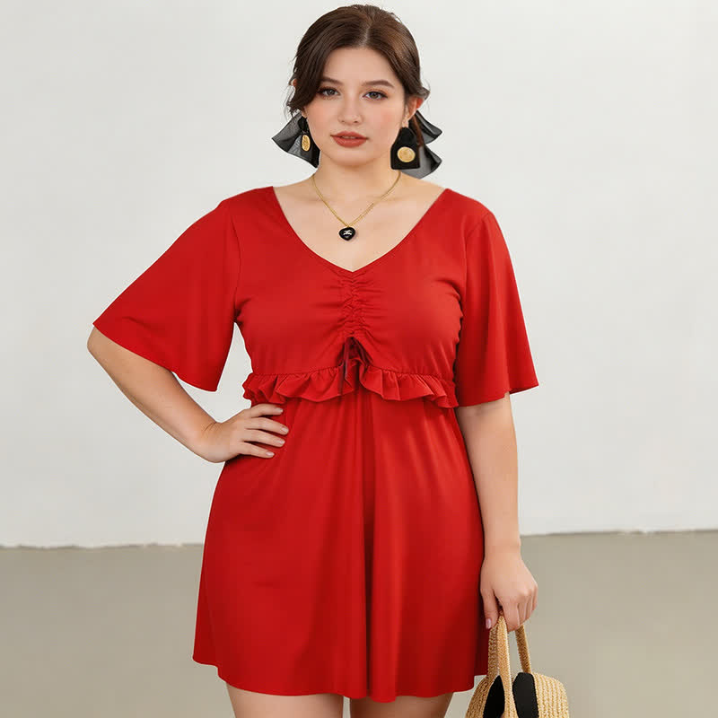Plusock Black Mesh Sleeve Ruffle Swimwear - Red - 5XL - image 2