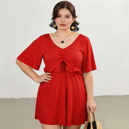 Plusock Black Mesh Sleeve Ruffle Swimwear - Red - 5XL - image 2