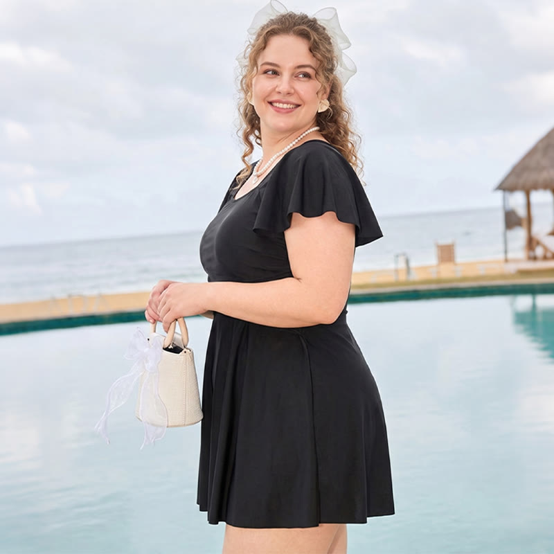 off shoulder swim dress Swim 365 Women's Laser-Cut Off-The-Shoulder Swim Dress - Black