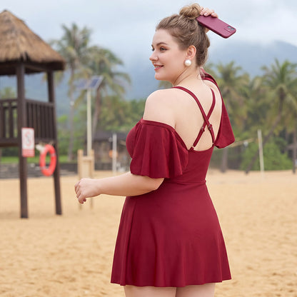 Plusock Off Shoulder Ruffle Sleeve Swim Dress - image 1