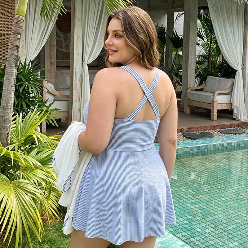 Plusock Stripe Ruched V Neck Swim Dress - image 3
