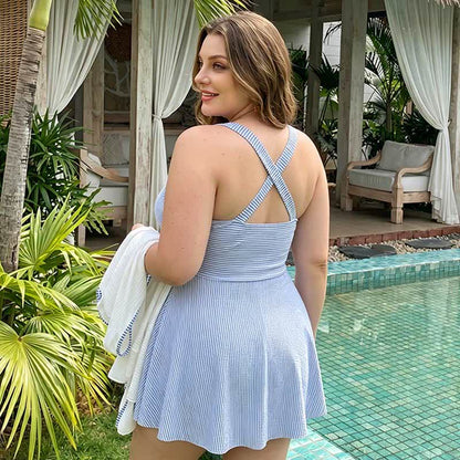 Plusock Stripe Ruched V Neck Swim Dress - image 3