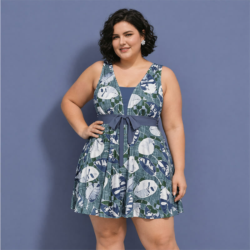 Plusock Tummy Control One Piece Print Swimwear - Grey - 5XL - image 3