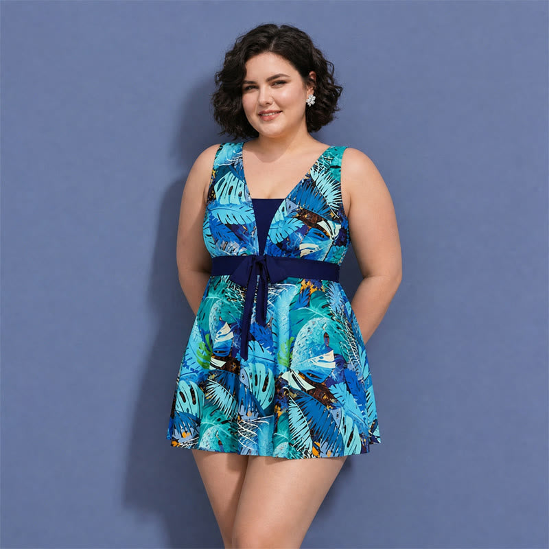 Plusock Tummy Control One Piece Print Swimwear - Sky Blue - 5XL - image 5