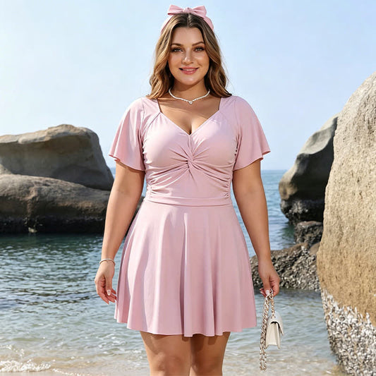 Plusock Ruched Ruffle Sleeve V Neck Swim Dress - Pink - 6XL - image 0