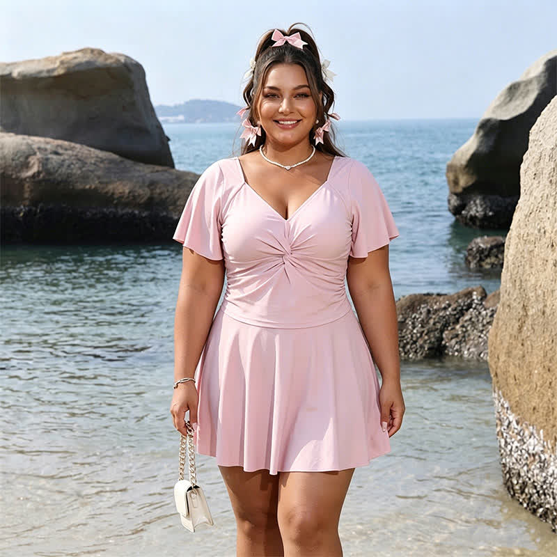 Plusock Ruched Ruffle Sleeve V Neck Swim Dress - image 5