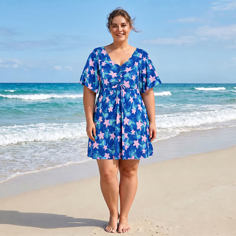 Plusock Blue Tropical Floral V Neck Swimwear - image 0