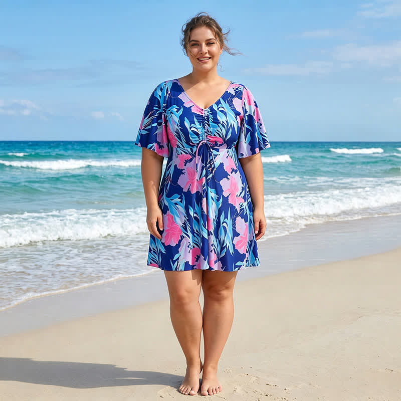 Plusock Blue Tropical Floral V Neck Swimwear - image 1