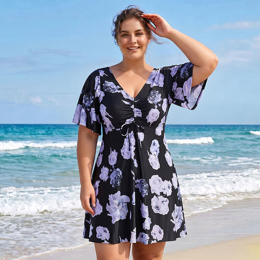 Plusock V Neck Floral Twist Front Swim Dress - image 0