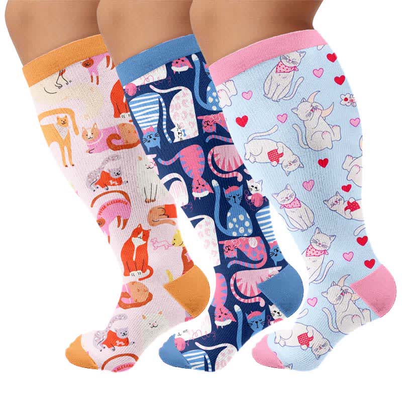 Plusock Plus Size Cute Cat Compression Socks - Multicolor(3 Pairs) - 4XL - image 4