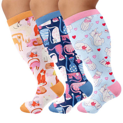 Plusock Plus Size Cute Cat Compression Socks - Multicolor(3 Pairs) - 4XL - image 4