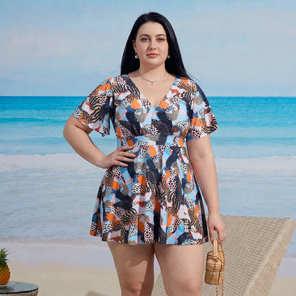 Plusock V-neck Flared Sleeve Tummy Control Swim Dress - C - 9XL - Two-Piece - image 3