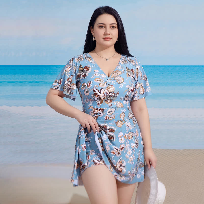Plusock V-neck Flared Sleeve Tummy Control Swim Dress - image 5
