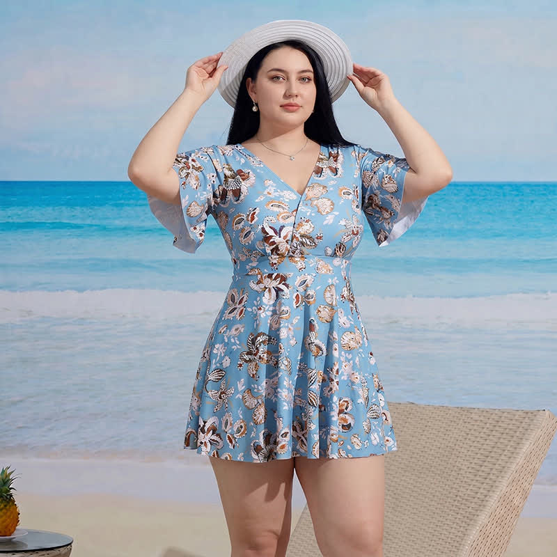 Plusock V-neck Flared Sleeve Tummy Control Swim Dress - A - 9XL - Two-Piece - image 0