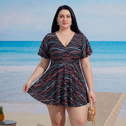 Plusock V-neck Flared Sleeve Tummy Control Swim Dress - D - 9XL - Two-Piece - image 2