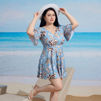 Plusock V-neck Flared Sleeve Tummy Control Swim Dress - image 4