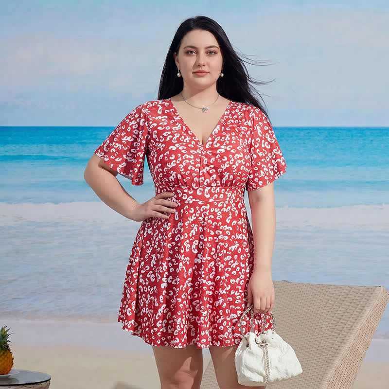 Plusock V-neck Flared Sleeve Tummy Control Swim Dress - B - 9XL - Two-Piece - image 1