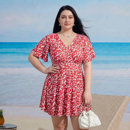 Plusock V-neck Flared Sleeve Tummy Control Swim Dress - B - 9XL - Two-Piece - image 1