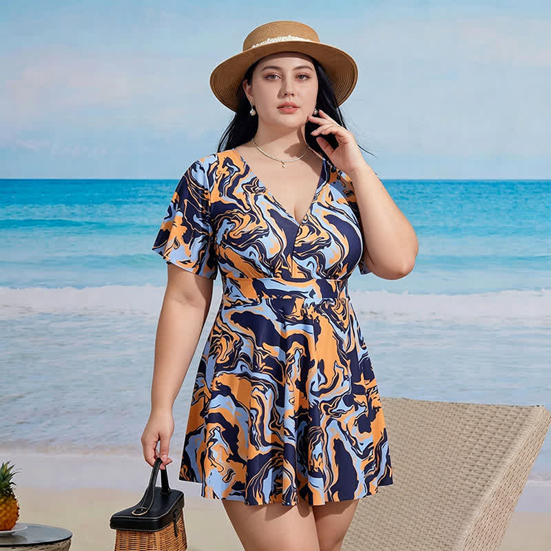 Plusock Floral V Neck Resort Swim Dress - D - 9XL - Two-Piece - image 6