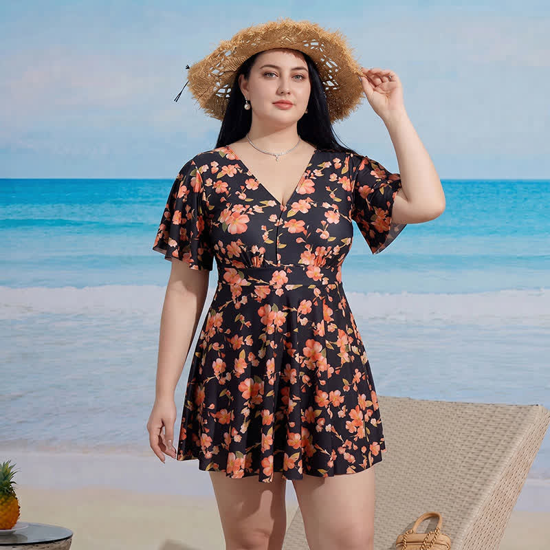 Plusock Floral V Neck Resort Swim Dress - B - 9XL - Two-Piece - image 1