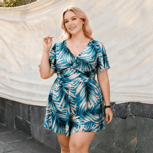 Plusock Tropical Leaf Wrap Swim Dress - Green - 4XL - image 0