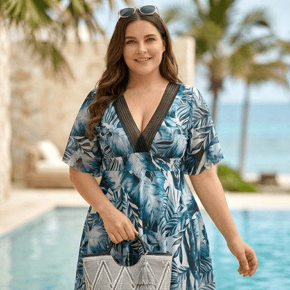 Plusock Tropical Leaf Backless Resort Swimwear - Blue - 3XL - image 0