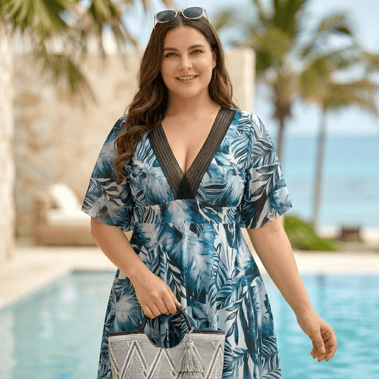 Plusock Tropical Leaf Backless Resort Swimwear - Blue - 3XL - image 0