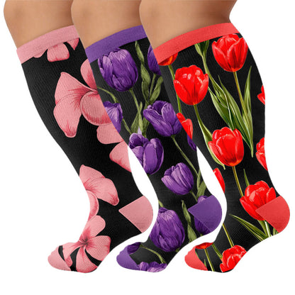 Plusock Plus Size Tulip Bloom Compression Socks - Multicolor(3 Pairs) - 4XL - image 4