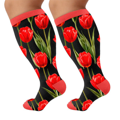 Plusock Plus Size Tulip Bloom Compression Socks - Red(1 Pair) - 4XL - image 10