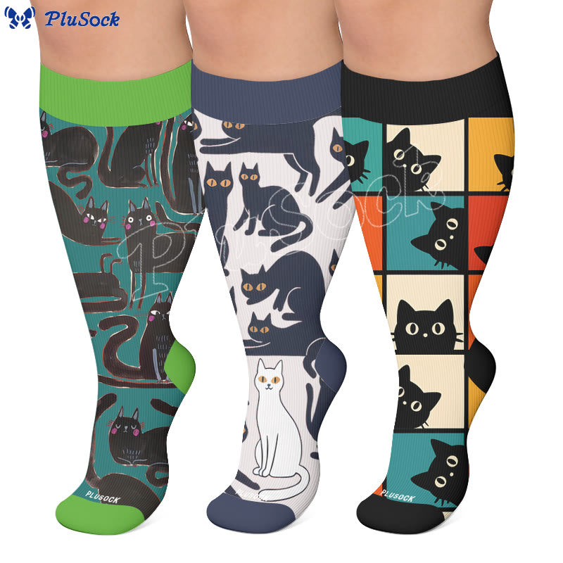 Plusock Plus Size Cartoon Black Cat Compression Socks - image 0