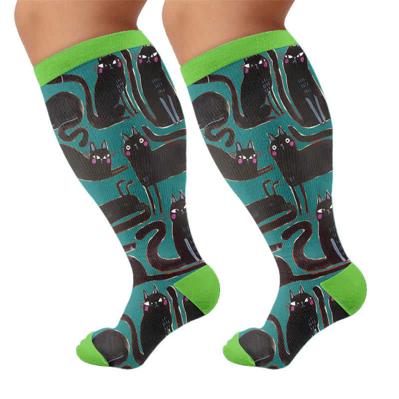 Plusock Plus Size Cartoon Black Cat Compression Socks - Green(1 Pair) - 4XL - image 8