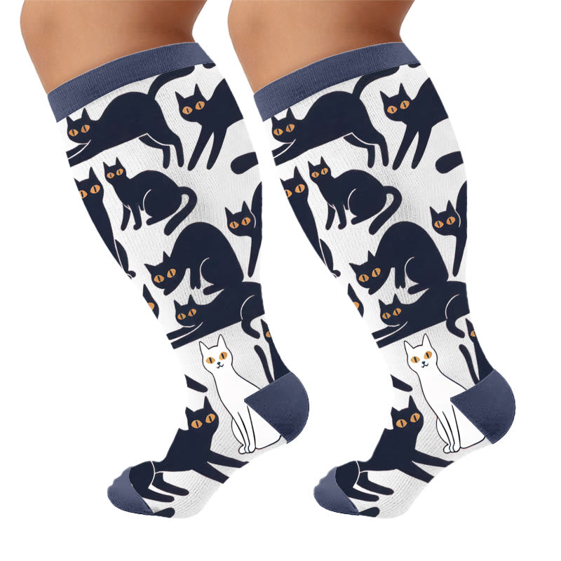 Plusock Plus Size Cartoon Black Cat Compression Socks - White(1 Pair) - 4XL - image 9