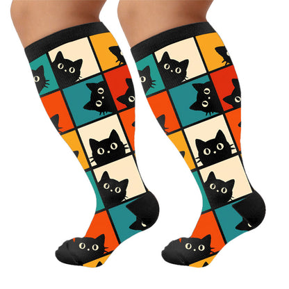 Plusock Plus Size Cartoon Black Cat Compression Socks - Black(1 Pair) - 4XL - image 10
