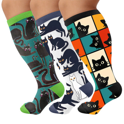 Plusock Plus Size Cartoon Black Cat Compression Socks - Multicolor(3 Pairs) - 4XL - image 4