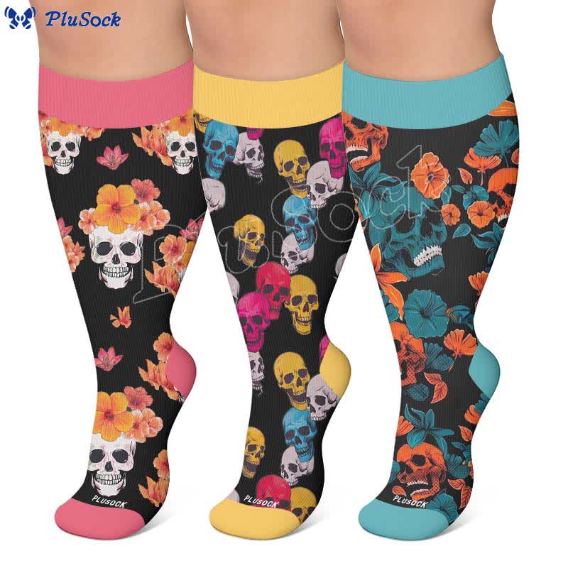 Plusock Plus Size Floral Skull Compression Socks - image 0