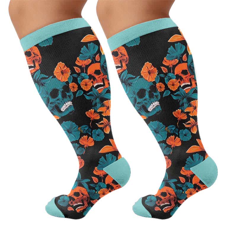 Plusock Plus Size Floral Skull Compression Socks - Blue(1 Pair) - 4XL - image 9
