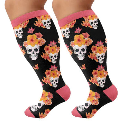 Plusock Plus Size Floral Skull Compression Socks - Pink(1 Pair) - 4XL - image 10