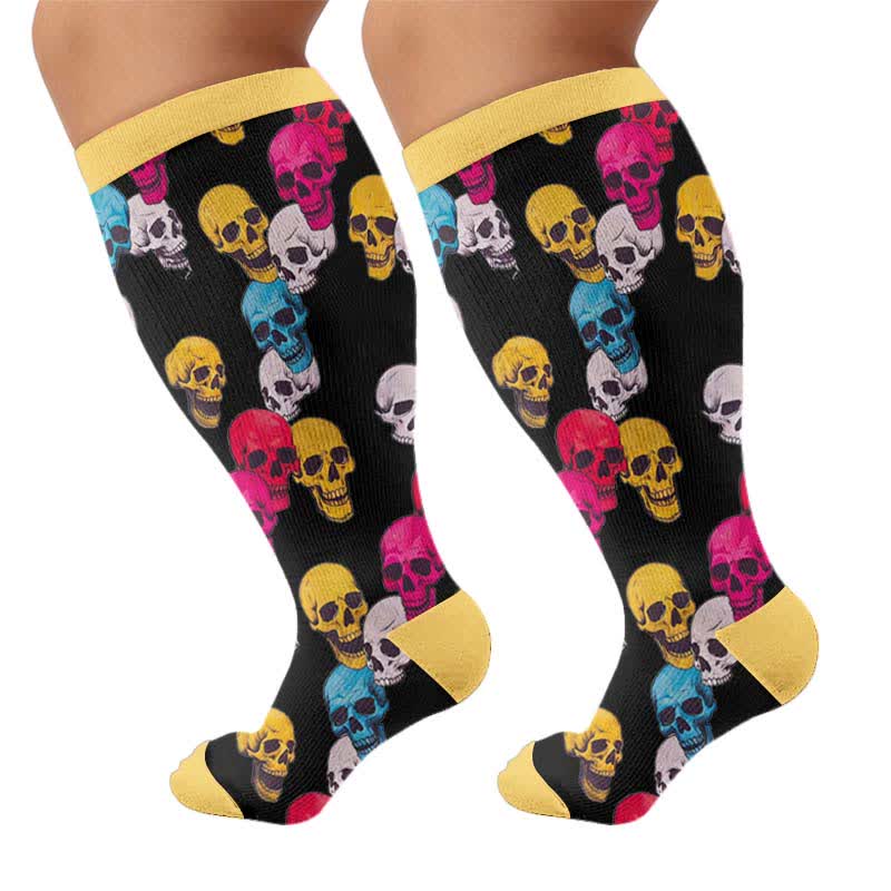 Plusock Plus Size Floral Skull Compression Socks - Yellow(1 Pair) - 4XL - image 8