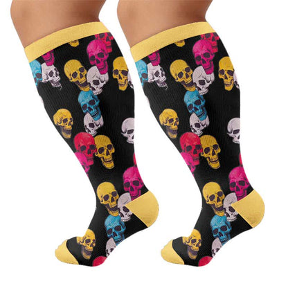 Plusock Plus Size Floral Skull Compression Socks - Yellow(1 Pair) - 4XL - image 8