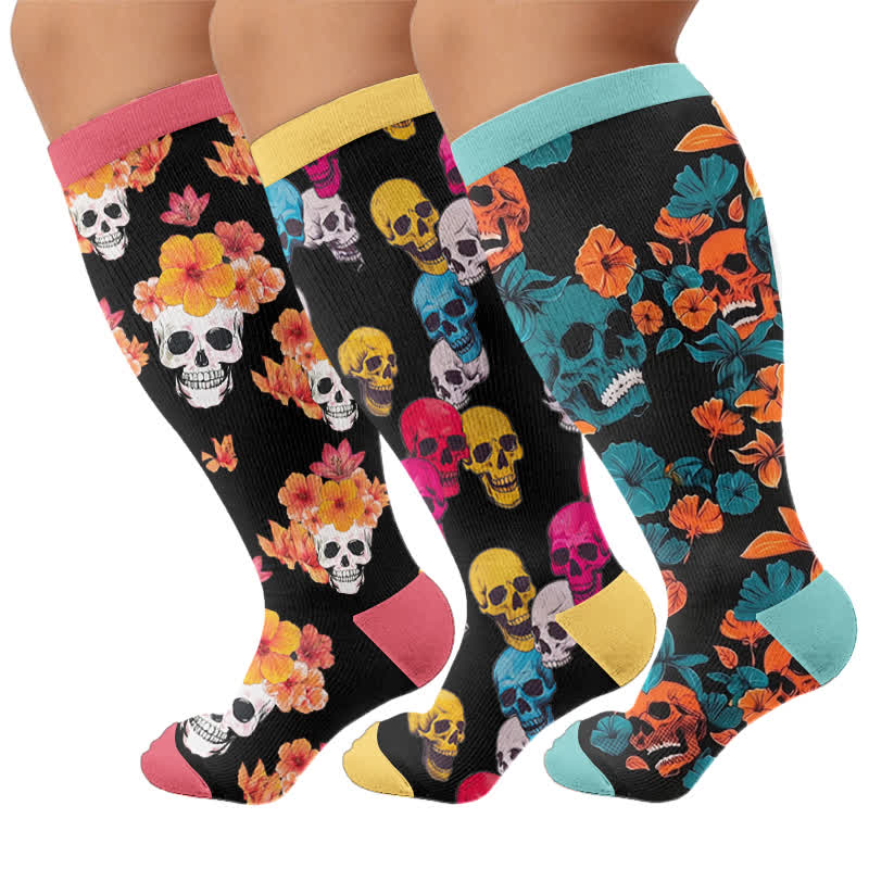Plusock Plus Size Floral Skull Compression Socks - Multicolor(3 Pairs) - 4XL - image 4