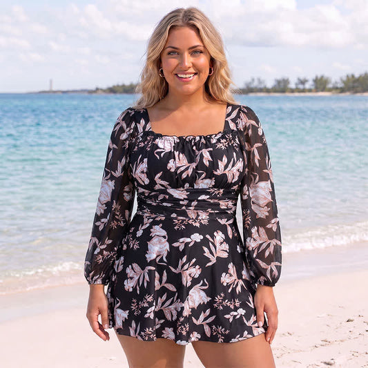 Plusock Floral Square Neck Swimwear - Black - 7XL - image 0