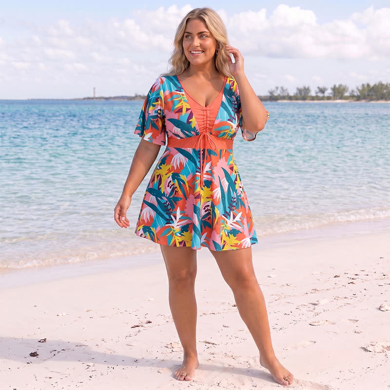Plusock Tropical Bloom V Neck Open Back Swim Dress - image 5