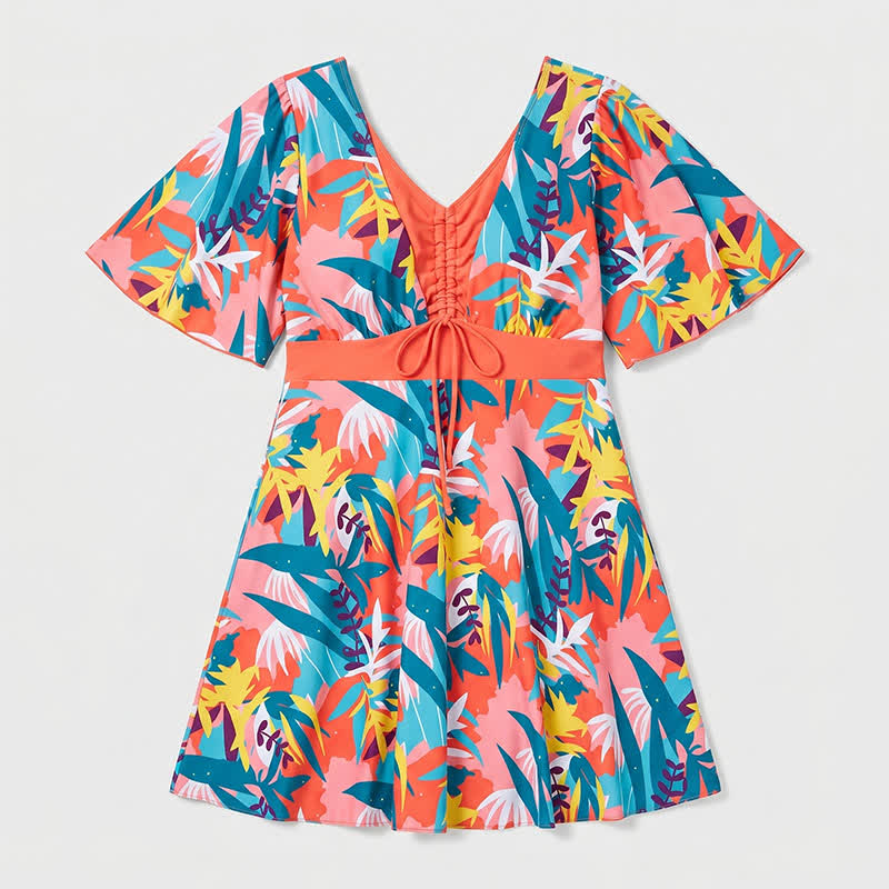 Plusock Tropical Bloom V Neck Open Back Swim Dress - Orange - 4XL - image 11