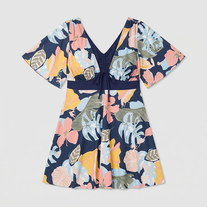 Plusock Tropical Bloom V Neck Open Back Swim Dress - Navy Blue - 4XL - image 10