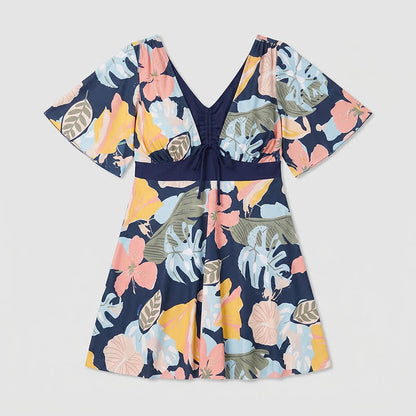 Plusock Tropical Bloom V Neck Open Back Swim Dress - Navy Blue - 4XL - image 10