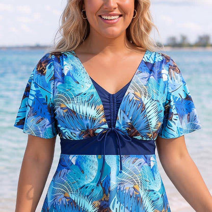 Plusock Tropical Bloom V Neck Open Back Swim Dress - image 3